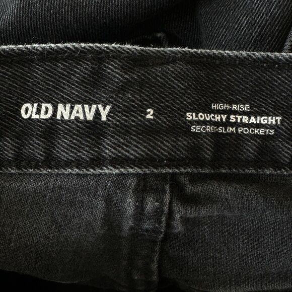 Old Navy SZ 2 Slouchy Straight Jeans Hi-Rise Button-Fly Distressed Black Wash - Picture 8 of 9